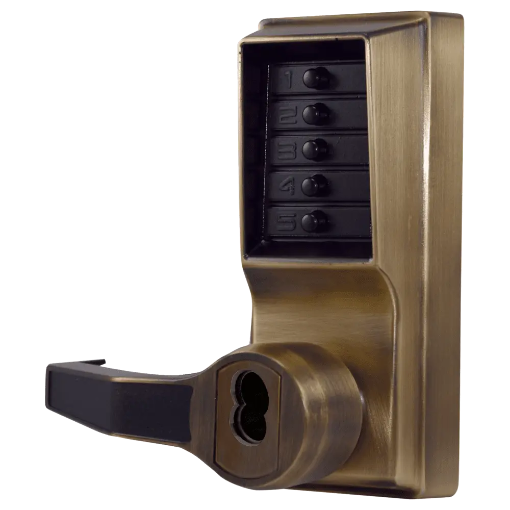 DormaKaba LL1021B-05-41 Pushbutton Cylindrical Lever Lock, Combination Entry Function with Key Override, 2-3/4" Backset, 1/2" Throw Latch, 6/7-Pin SFIC Prep, Less Core, Antique Brass Finish, Left Hand/Left Hand Reverse