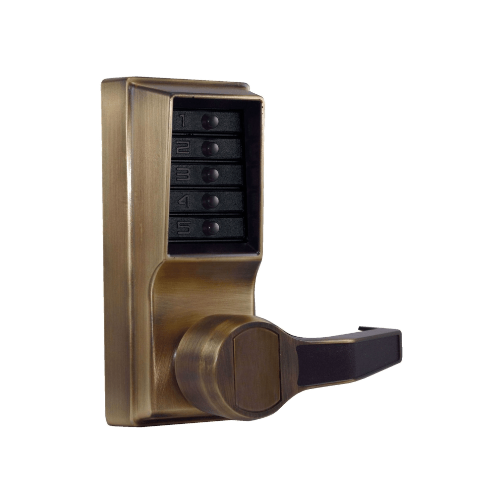DormaKaba LR1015-05-41 Pushbutton Cylindrical Lever Lock, Combination Entry Function Only, 2-3/4" Backset, 3/4" Throw Latch, Antique Brass Finish, Right Hand/Right Hand Reverse