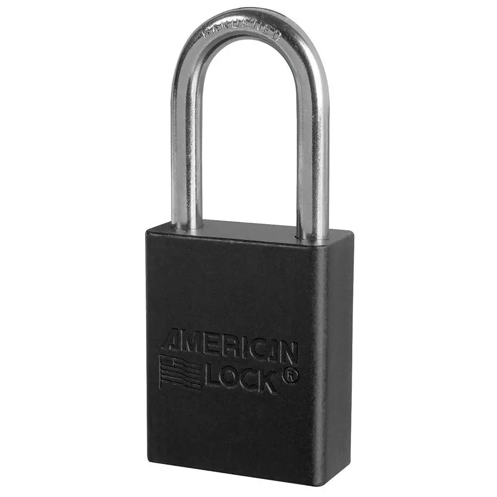American Lock A1106BLK Black Anodized Aluminum Safety Padlock, 1-1/2" Body, 1-1/2" Tall 1/4" Diameter Shackle, Keyed Different