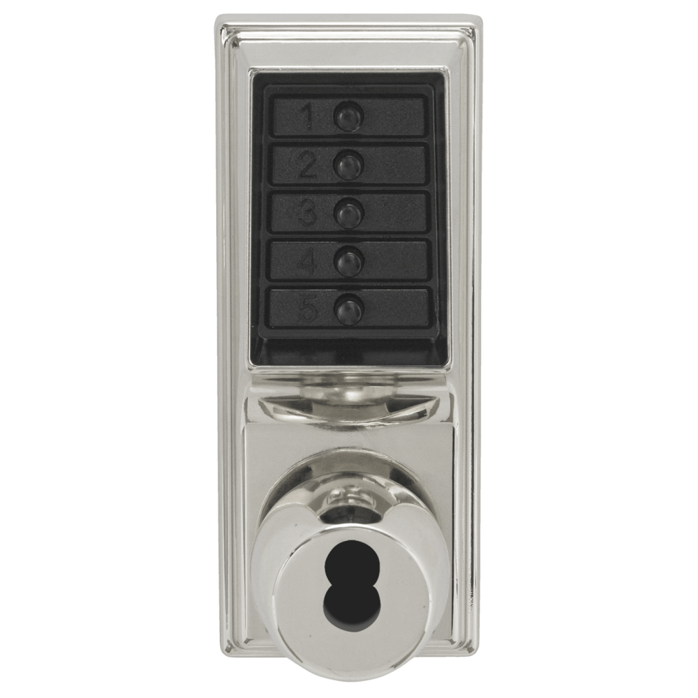 DormaKaba 1021C-026-41 Grade 1 Pushbutton Cylindrical Knob Lock, Combination Entry Function with Key Override, 2-3/4" Backset, 1/2" Throw Latch, Corbin Russwin 6-Pin LFIC Prep, Less Core, Bright Chrome Finish, Field Reversible