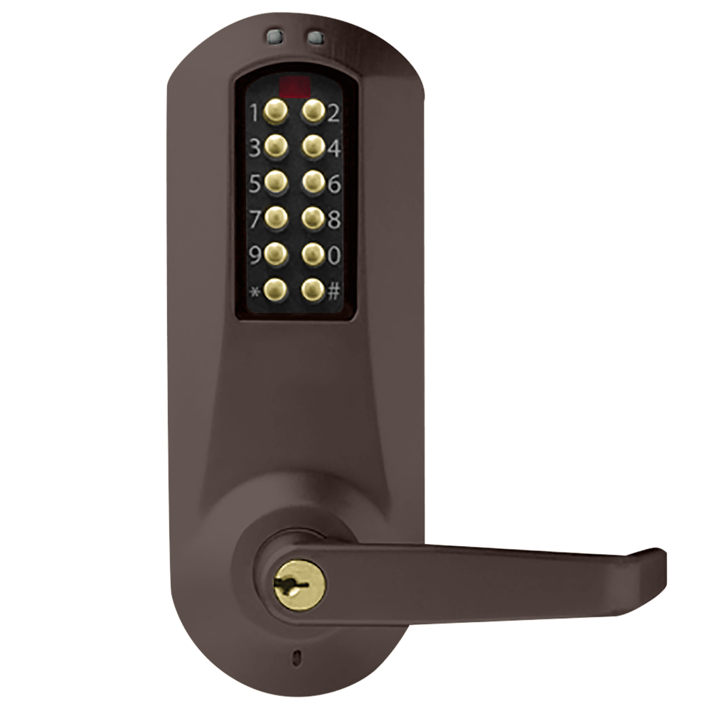 DormaKaba E5051XKWL-744-41 E-Plex 5000 Cylindrical Lock with Privacy, Winston Lever, 100 Access Codes, 3,000 Audit Events, KIL, Kaba 90 Keyway, 2-3/4" Backset, 1/2" Throw, Dark Bronze with Brass Accents
