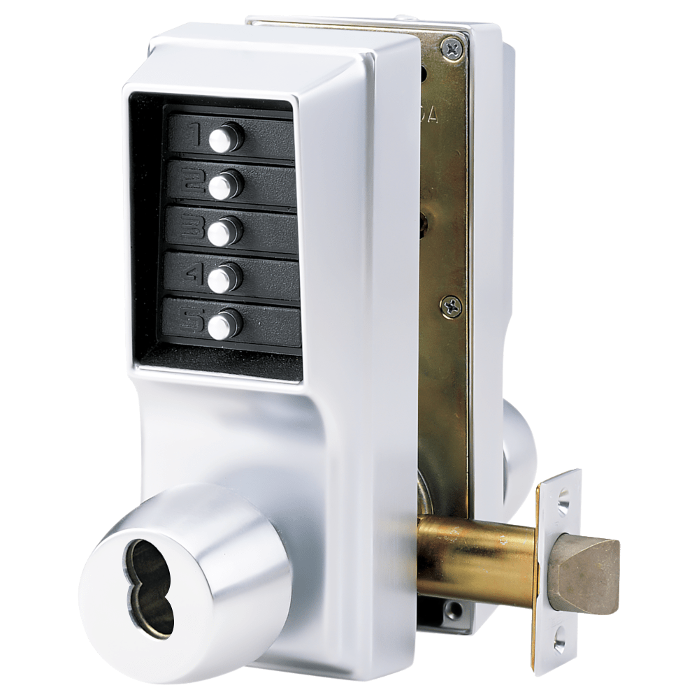 DormaKaba EE1021B/EE1011-026-41 Cylindrical Knob Lock, Combination or Key Override Entry, Combination Exit Only, 2-3/4" Backset, 1/2" Throw Latch, Bright Chrome