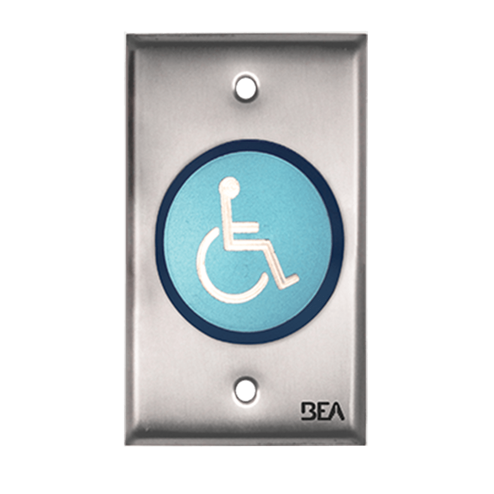 BEA 10ACPBDA6 Pneumatic Push Button, Single gang plate, oversized 2" Blue button, Handicap logo, 2.5 AMP 12 to 24 V AC/DC