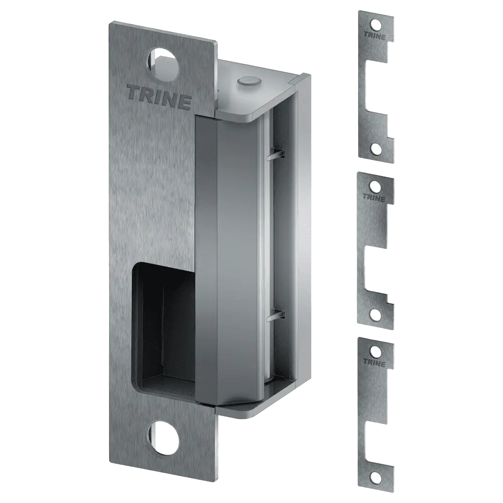 Trine 4100-32D 4100 Series Electric Strike, 12/24VDC, 12-24VAC, Fail Secure, 4 Faceplates for Cylindrical and Mortise Locks, Satin Stainless Steel