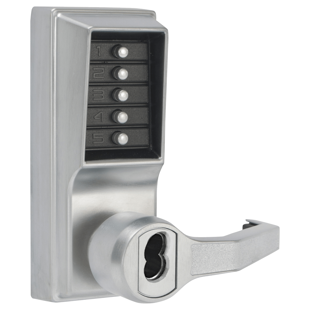 DormaKaba LR1076C-26D-41 Pushbutton Cylindrical Lever Lock, Combination Entry/Privacy Lockout Function with Key Override, 2-3/4" Backset, 3/4" Throw Latch, Corbin Russwin 6-Pin LFIC Prep, Less Core, Satin Chrome Finish, Right Hand/Right Hand Reverse