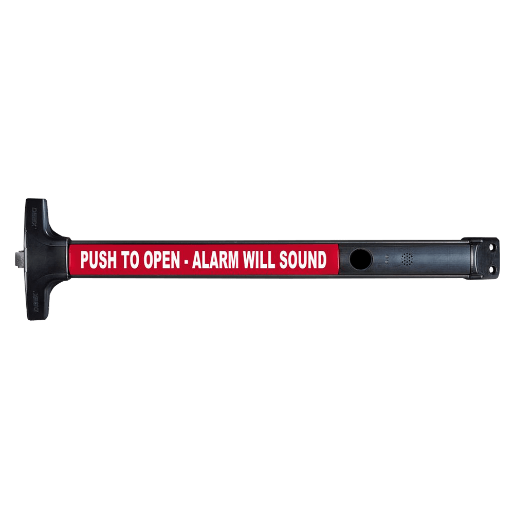 Detex V40 EB CD 711 99 36 Value Series Wide Stile Rim Exit Device, Cylinder Dogging, 99 Surface Strike, Battery Operated Alarm Less Cylinder, 36" Device, Satin Black Anodized Aluminum Finish
