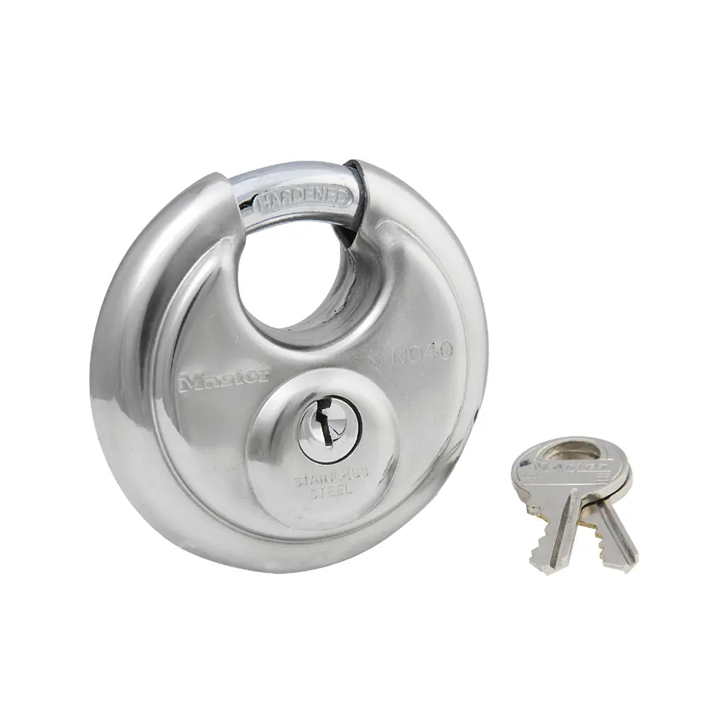 Master Lock 40DPF Stainless Steel Discus Padlock 2-3/4" Body, 3/4" Tall 3/8" Diameter Shrouded Shackle, Keyed Different, Carded