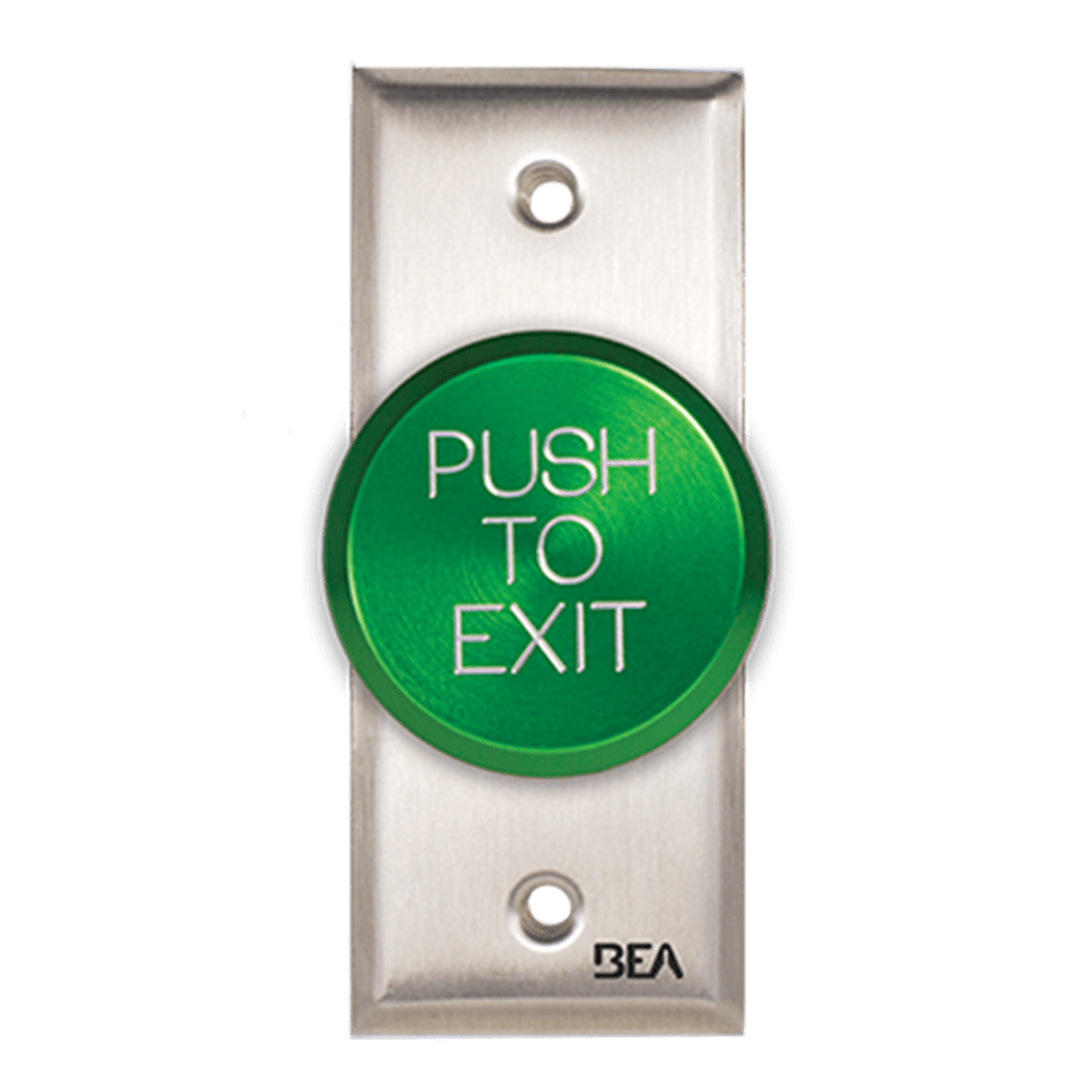 BEA 10ACPBDA9 Pneumatic Push Button, Jamb plate, oversized 2" Green button, "Push to Exit" text, 2.5 AMP 12 to 24 V AC/DC