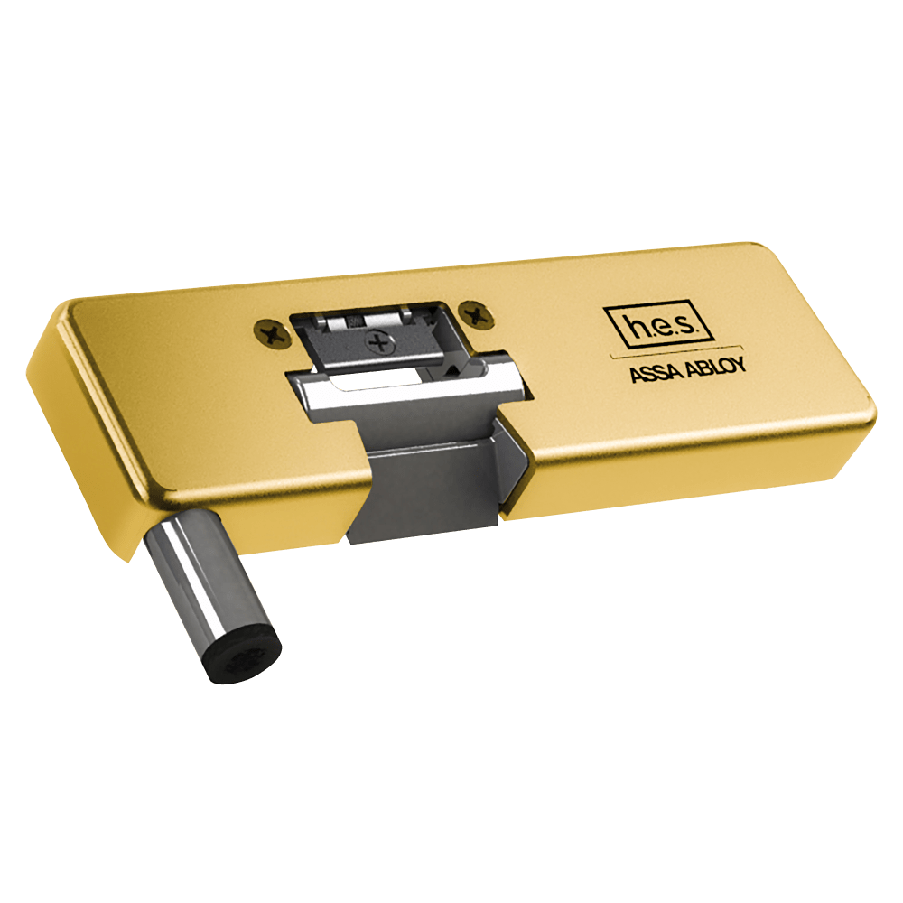 HES 9100R-605 Grade 1 Field Selectable (Safe/Secure) 12/24VDC Electric Strike for Glass Single Doors with Vertical Rods, Bright Brass Finish, Right-Handed