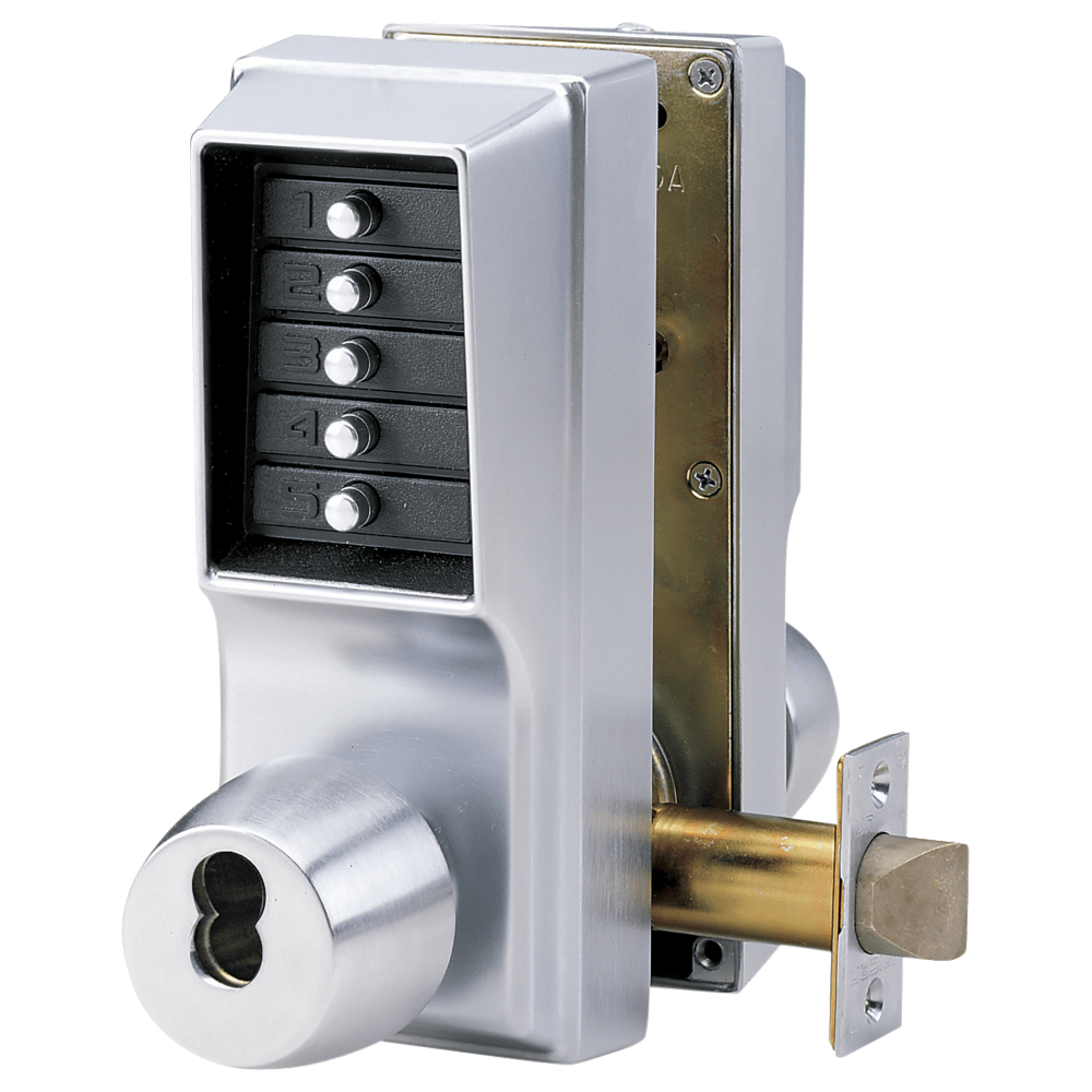 DormaKaba EE1025M/EE1025M-26D-41 Cylindrical Knob Lock, Combination or Key Override Entry, Combination or Key Override Exit, 2-3/4" Backset, 3/4" Throw Latch, Medeco/Yale/ASSA/Abloy LFIC Prep, Less Core, Satin Chrome