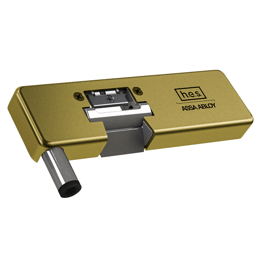 HES 9100R-606 Grade 1 Field Selectable (Safe/Secure) 12/24VDC Electric Strike for Glass Single Doors with Vertical Rods, Satin Brass Finish, Right-Handed