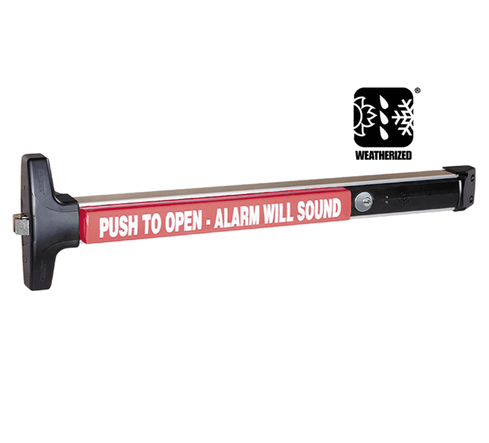 Detex 40 EB W CD 630 99 36 Advantex Narrow Stile Rim Exit Device, Cylinder Dogging, 99 Surface Strike, Weatherized Battery Operated Alarm, 36" Device, Satin Stainless Steel Finish