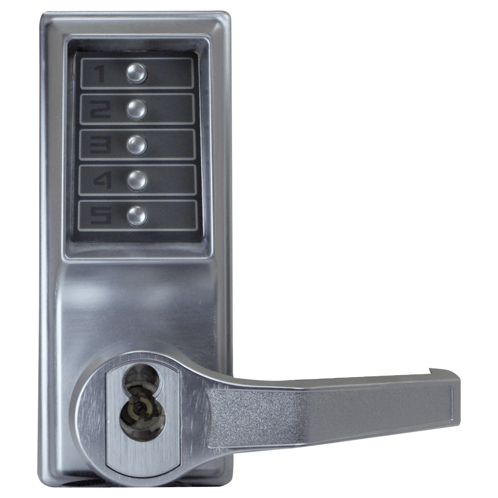 DormaKaba LR1021C-26D-41 Pushbutton Cylindrical Lever Lock, Combination Entry Function with Key Override, 2-3/4" Backset, 1/2" Throw Latch, Corbin Russwin 6-Pin LFIC Prep, Less Core, Satin Chrome Finish, Right Hand/Right Hand Reverse