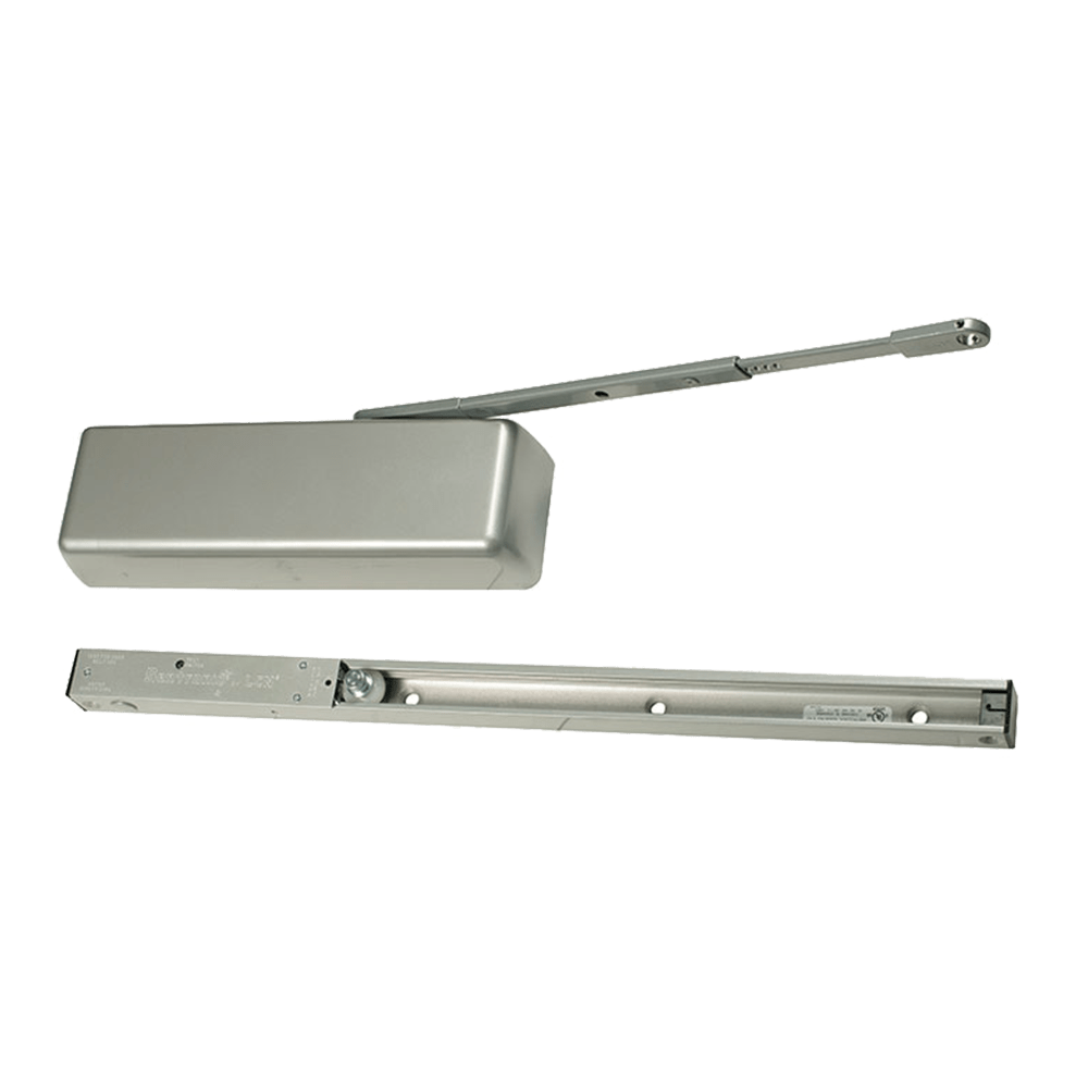 LCN 4040SE-DE 24V RH 689 Grade 1 Surface Door Closer, Slide Track Arm Double Egress with Hold, 95 Deg. Hold, Plastic Cover, 24V, Aluminum Painted Finish, Right-Handed