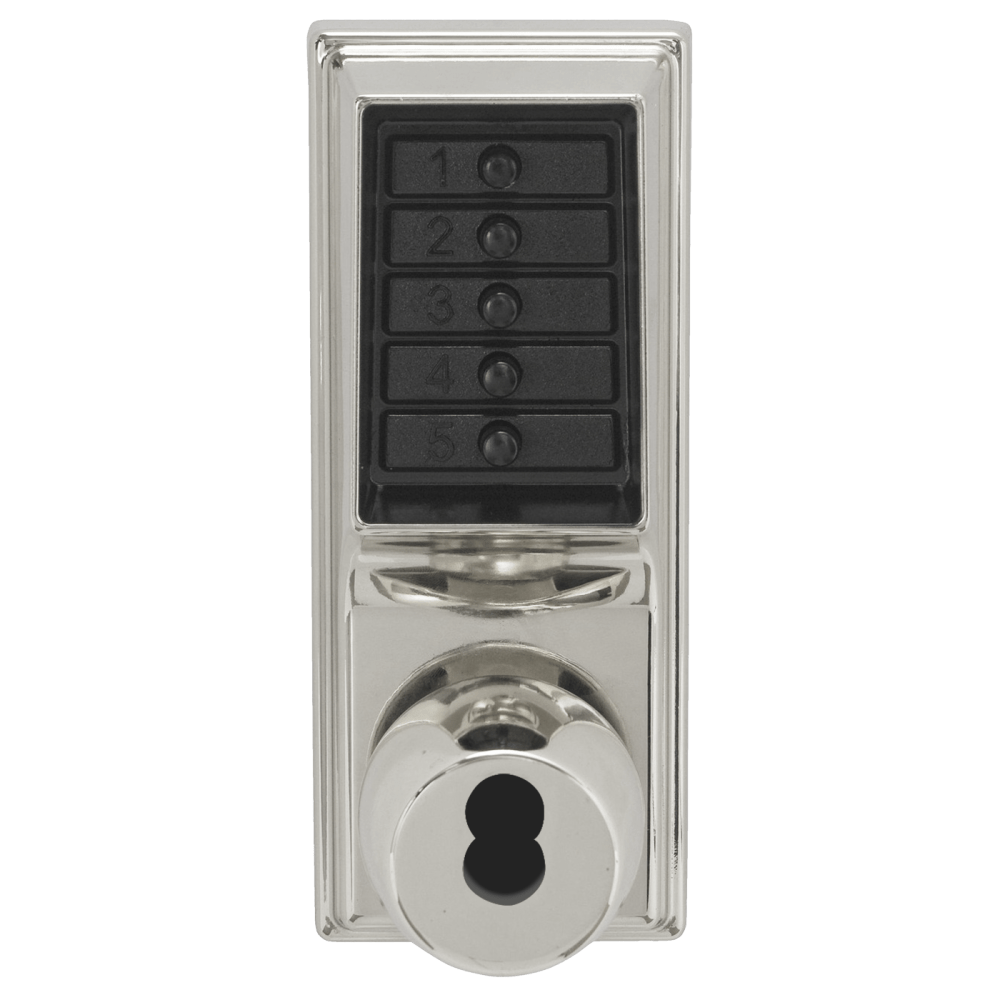DormaKaba 1021R-026-41 Grade 1 Pushbutton Cylindrical Knob Lock, Combination Entry Function with Key Override, 2-3/4" Backset, 1/2" Throw Latch, Sargent LFIC Prep, Less Core, Bright Chrome Finish, Field Reversible
