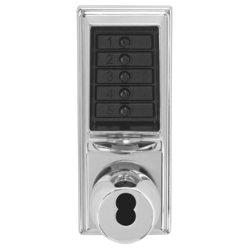 DormaKaba 1021S-026-41 Grade 1 Pushbutton Cylindrical Knob Lock, Combination Entry Function with Key Override, 2-3/4" Backset, 1/2" Throw Latch, Schlage FSIC Prep, Less Core, Bright Chrome Finish, Field Reversible