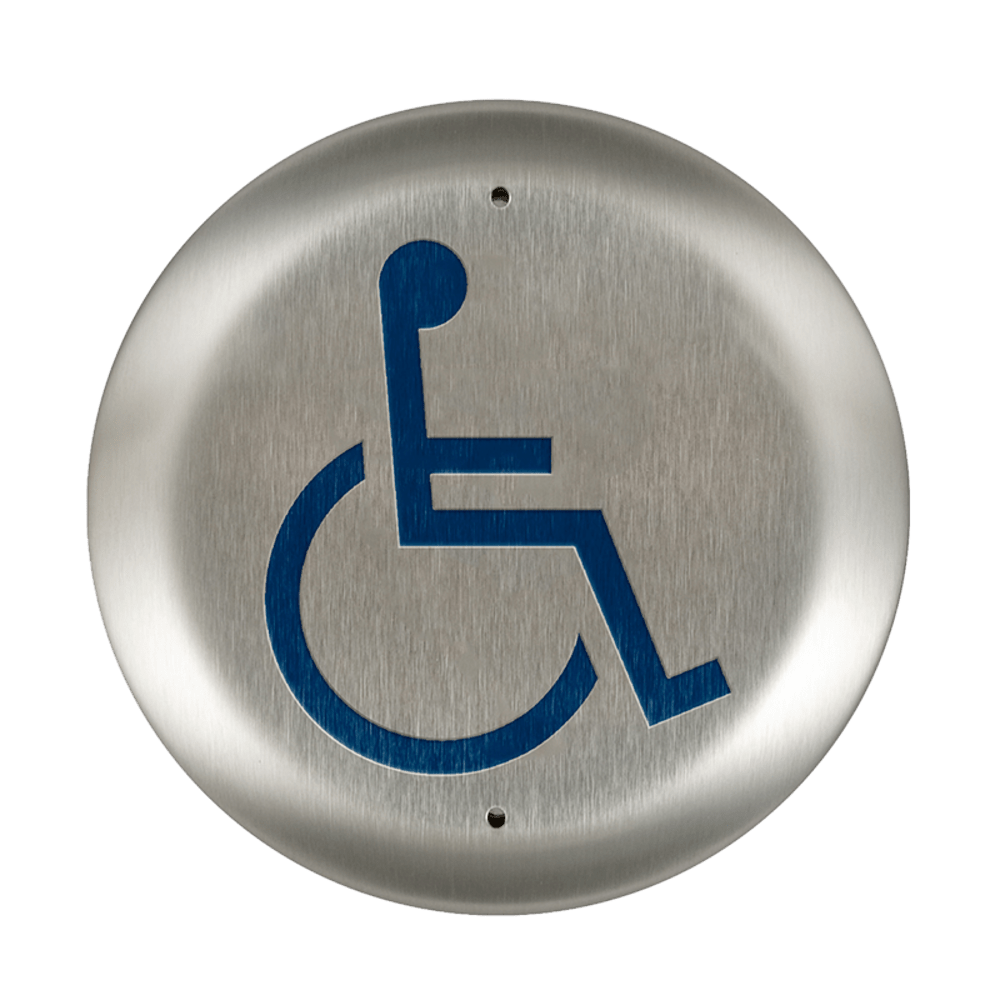BEA 10PBR45LL Stainless steel push plate, 4.5" round, blue handicap logo only