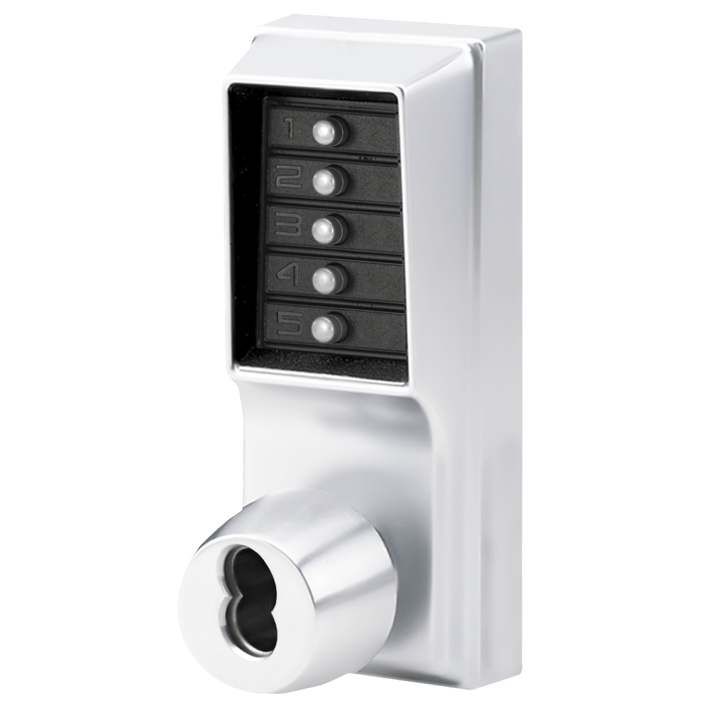 DormaKaba 1025M-026-41 Grade 1 Pushbutton Cylindrical Knob Lock, Combination Entry Function with Key Override, 2-3/4" Backset, 3/4" Throw Latch, Medeco/Yale/ASSA/Abloy LFIC Prep, Less Core, Bright Chrome Finish, Field Reversible