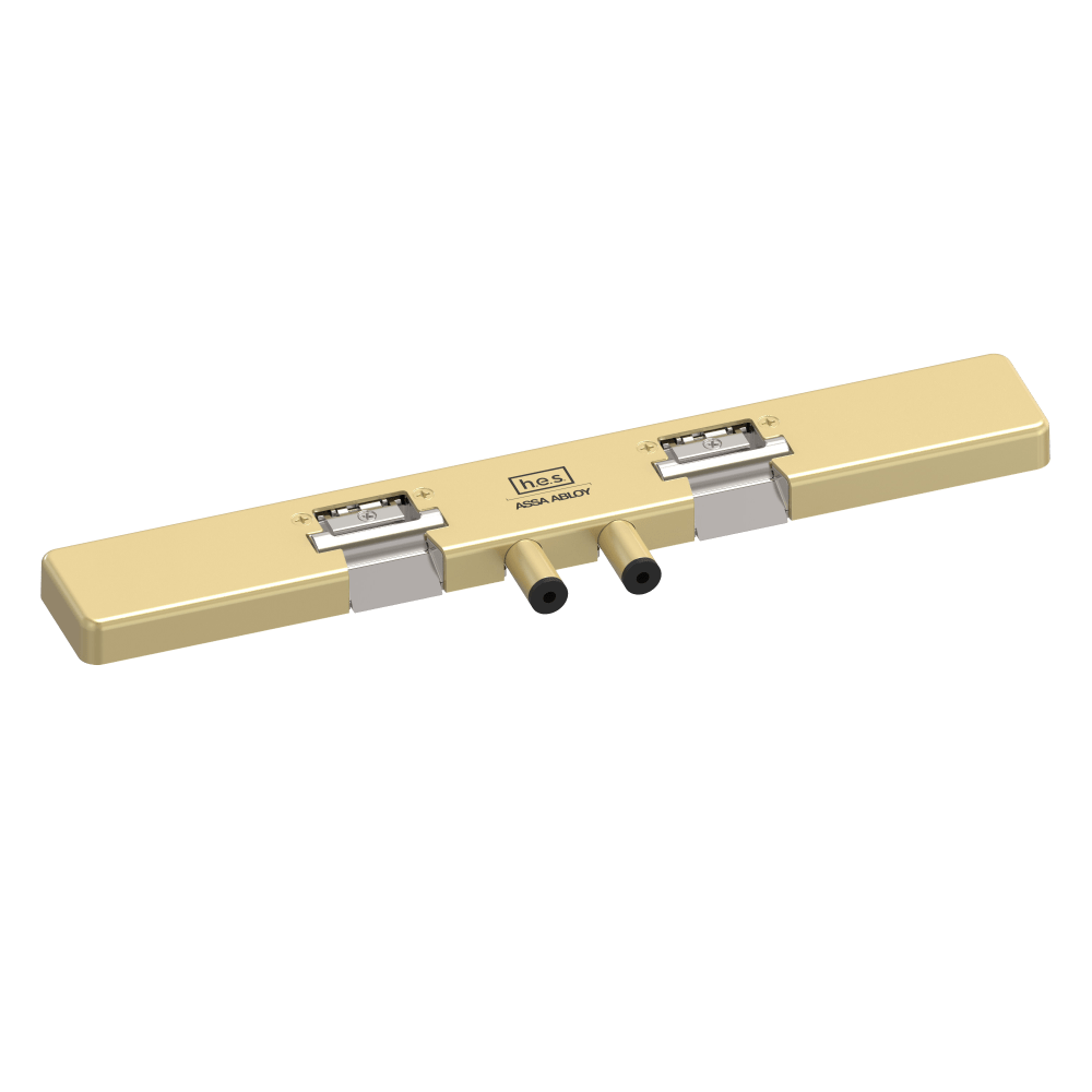 HES 9200N-605 Grade 1 Field Selectable (Safe/Secure) 12/24VDC Electric Strike for Glass Double Doors with Vertical Rods, 4-5/8" Centered Keeper Spacing, Bright Brass Finish