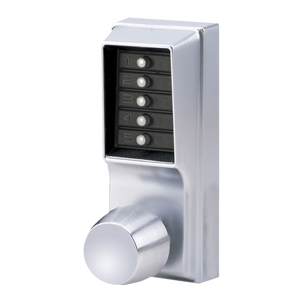 DormaKaba 1015-26D-41 Grade 1 Pushbutton Cylindrical Knob Lock, Combination Entry Function Only, 2-3/4" Backset, 3/4" Throw Latch, Satin Chrome Finish, Field Reversible