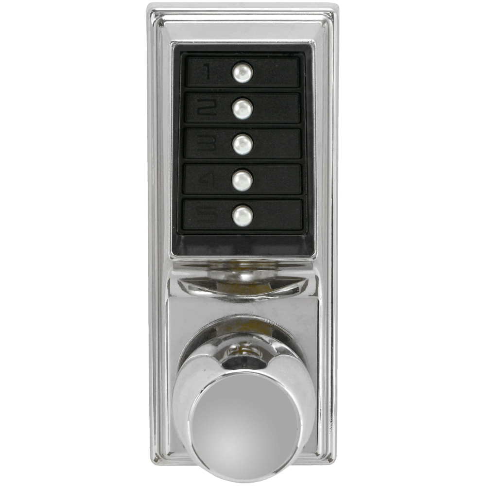 DormaKaba 1011-026-41 Grade 1 Pushbutton Cylindrical Knob Lock, Combination Entry Function Only, 2-3/4" Backset, 1/2" Throw Latch, Bright Chrome Finish, Field Reversible