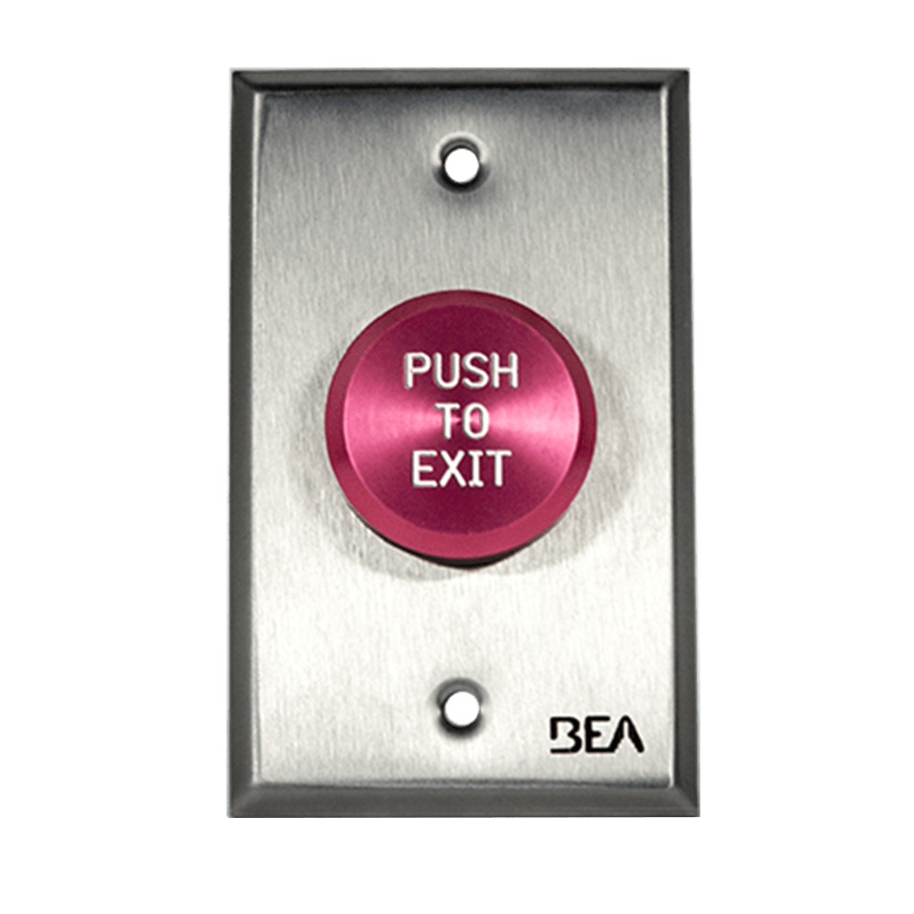 BEA 10ACPBDA4 Pneumatic Push Button, Single gang plate, standard 1 5/8" Red button, "Push to Exit" text, 2.5 AMP 12 to 24 V AC/DC