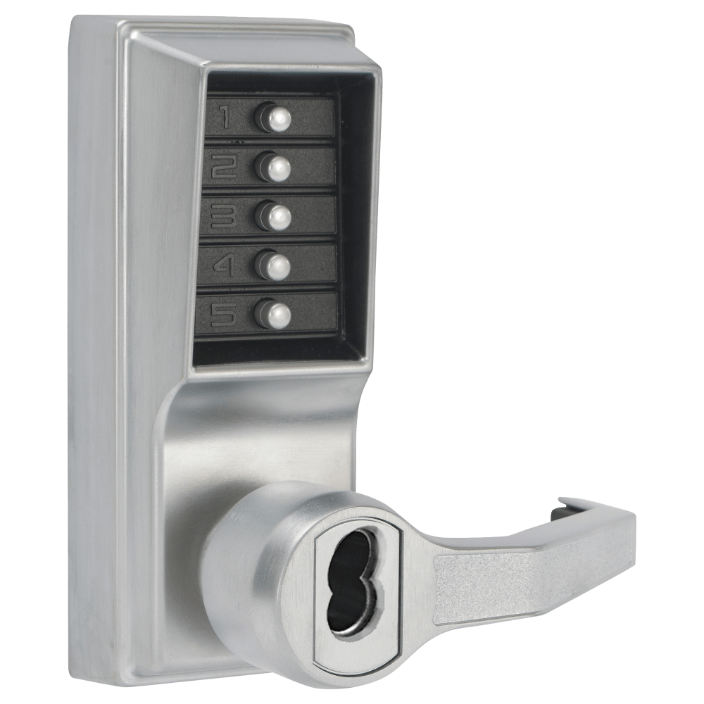 DormaKaba LR1041R-26D-41 Pushbutton Cylindrical Lever Lock, Combination Entry/Passage Functions with Key Override, 2-3/4" Backset, 1/2" Throw Latch, Sargent LFIC Prep, Less Core, Satin Chrome Finish, Right Hand/Right Hand Reverse