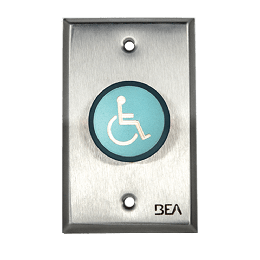 BEA 10ACPBDA8 Pneumatic Push Button, Single gang plate, standard 1 5/8" Blue button, Handicap logo, 2.5 AMP 12 to 24 V AC/DC
