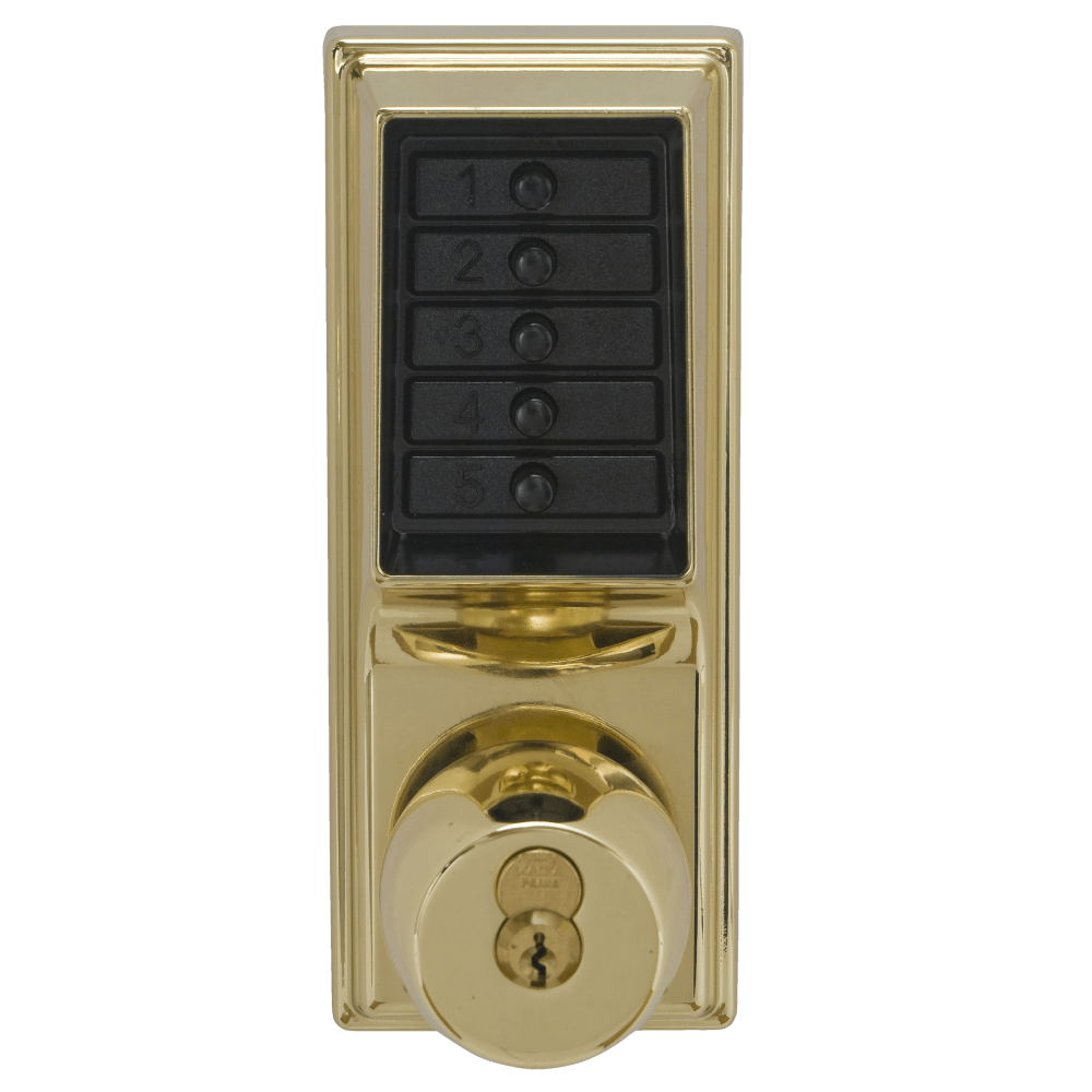 DormaKaba 1021B-03-41 Grade 1 Pushbutton Cylindrical Knob Lock, Combination Entry Function with Key Override, 2-3/4" Backset, 1/2" Throw Latch, 6/7-Pin SFIC Prep, Less Core, Bright Brass Finish, Field Reversible