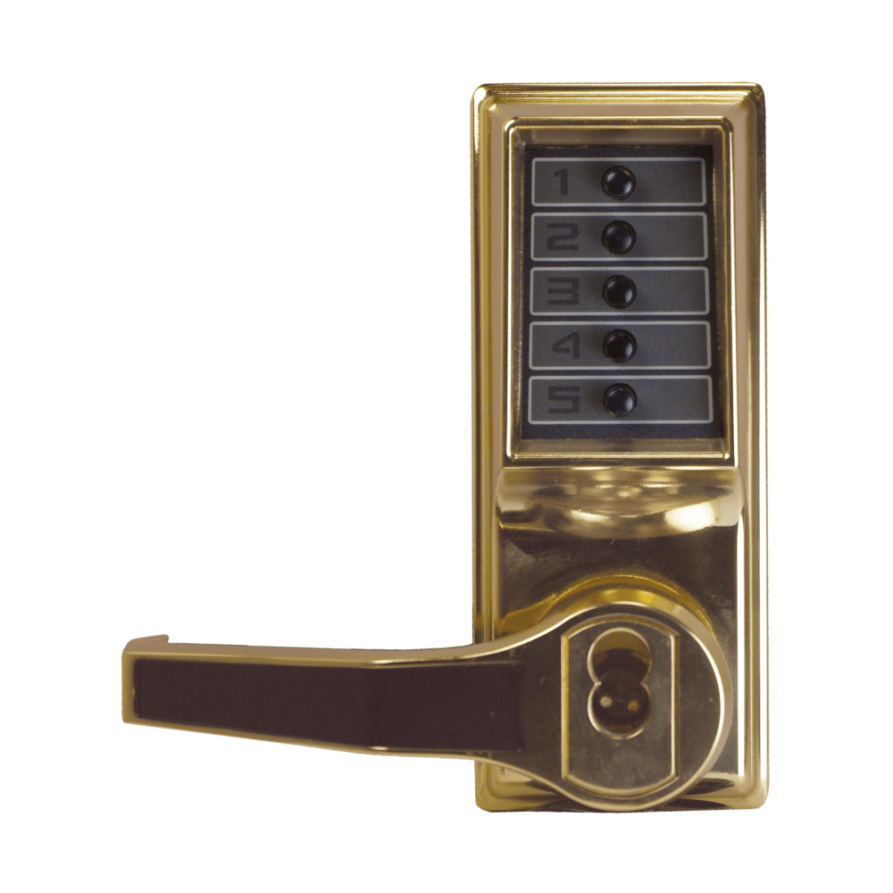 DormaKaba LL1021B-03-41 Pushbutton Cylindrical Lever Lock, Combination Entry Function with Key Override, 2-3/4" Backset, 1/2" Throw Latch, 6/7-Pin SFIC Prep, Less Core, Bright Brass Finish, Left Hand/Left Hand Reverse