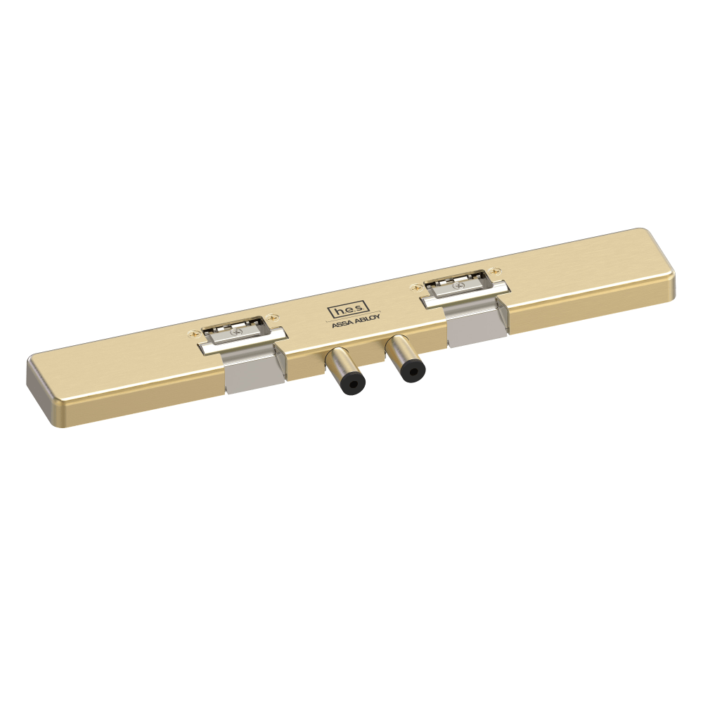 HES 9200N-606 Grade 1 Field Selectable (Safe/Secure) 12/24VDC Electric Strike for Glass Double Doors with Vertical Rods, 4-5/8" Centered Keeper Spacing, Satin Brass Finish