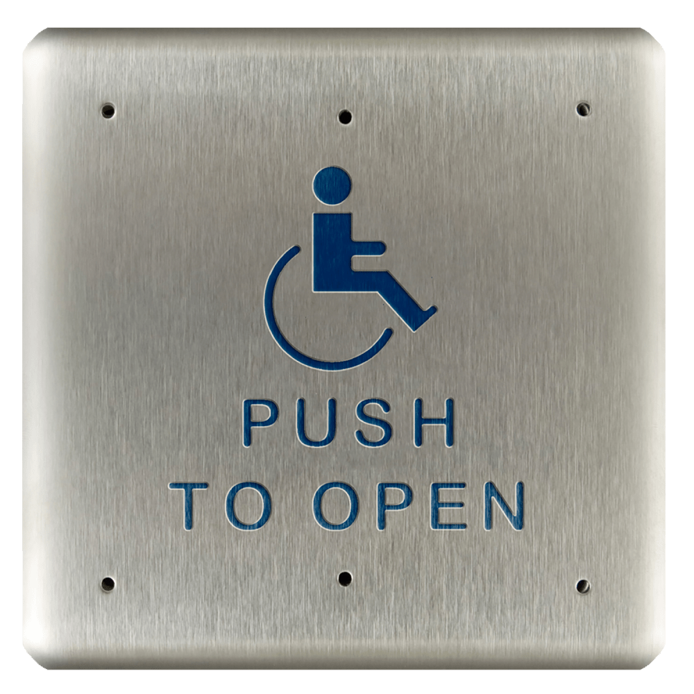 BEA 10PBS1 Stainless steel push plate, 4.75" square, blue handicap logo and text