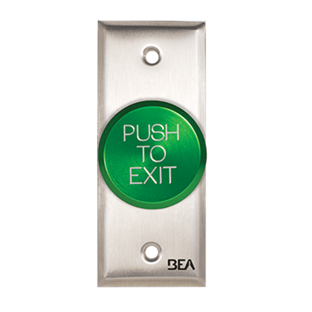BEA 10ACPBDA11 Pneumatic Push Button, Jamb plate, oversized 1 5/8" Green button, "Push to Exit" text, 2.5 AMP 12 to 24 V AC/DC