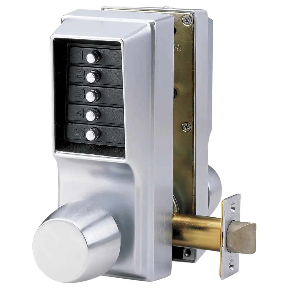 DormaKaba EE1011/EE1011-26D-41 Cylindrical Knob Lock, Combination Entry Only, Combination Exit Only, 2-3/4" Backset, 1/2" Throw Latch, Satin Chrome