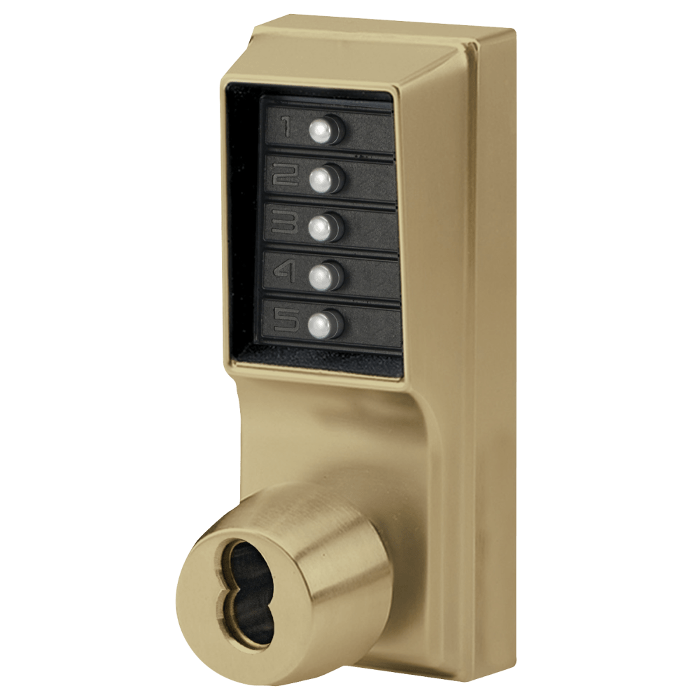 DormaKaba 1041M-05-41 Grade 1 Pushbutton Cylindrical Knob Lock, Combination Entry/Passage Functions with Key Override, 2-3/4" Backset, 1/2" Throw Latch, Medeco/Yale/ASSA/Abloy LFIC Prep, Less Core, Antique Brass Finish, Field Reversible