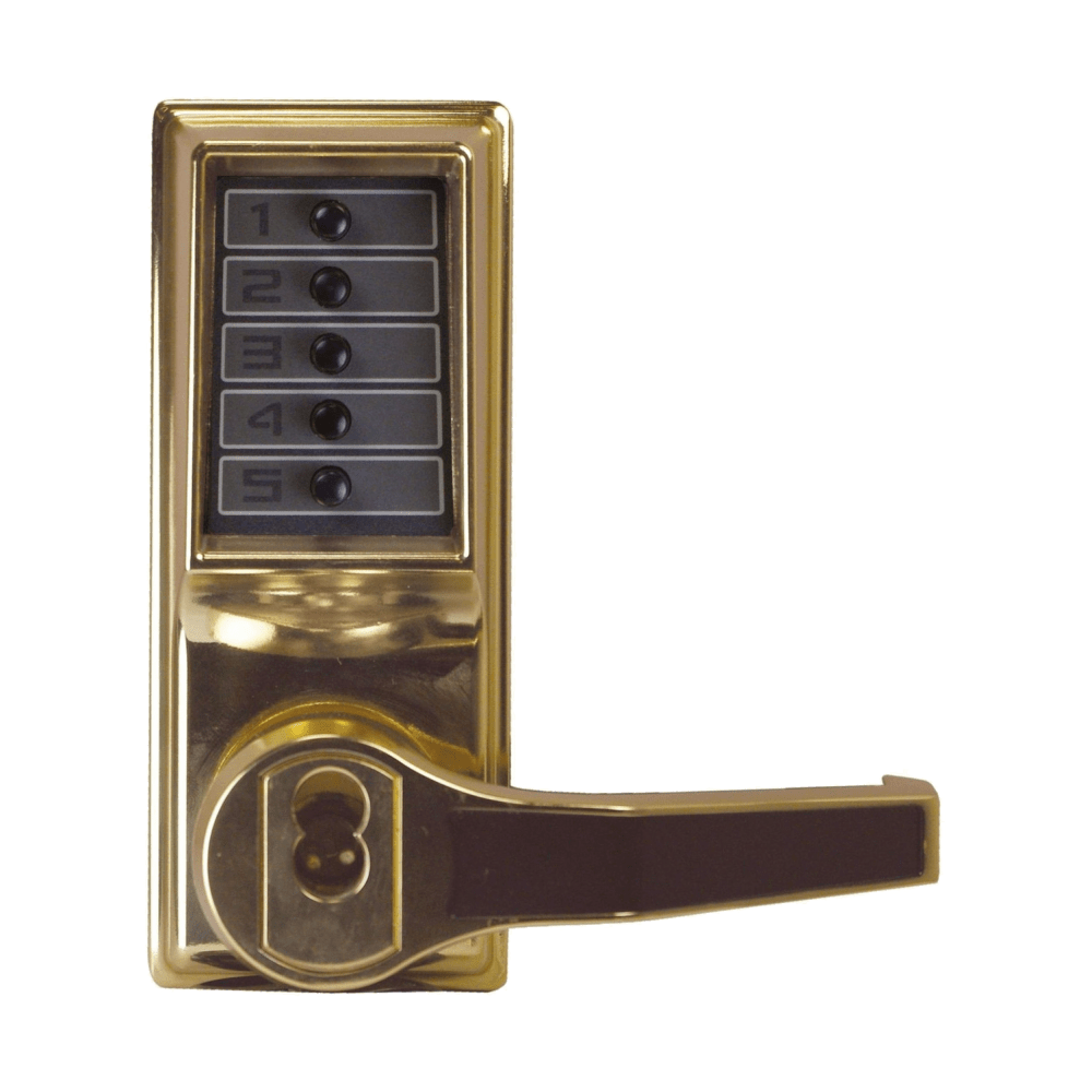 DormaKaba LR1076B-03-41 Pushbutton Cylindrical Lever Lock, Combination Entry/Privacy Lockout Function with Key Override, 2-3/4" Backset, 3/4" Throw Latch, 6/7-Pin SFIC Prep, Less Core, Bright Brass Finish, Right Hand/Right Hand Reverse