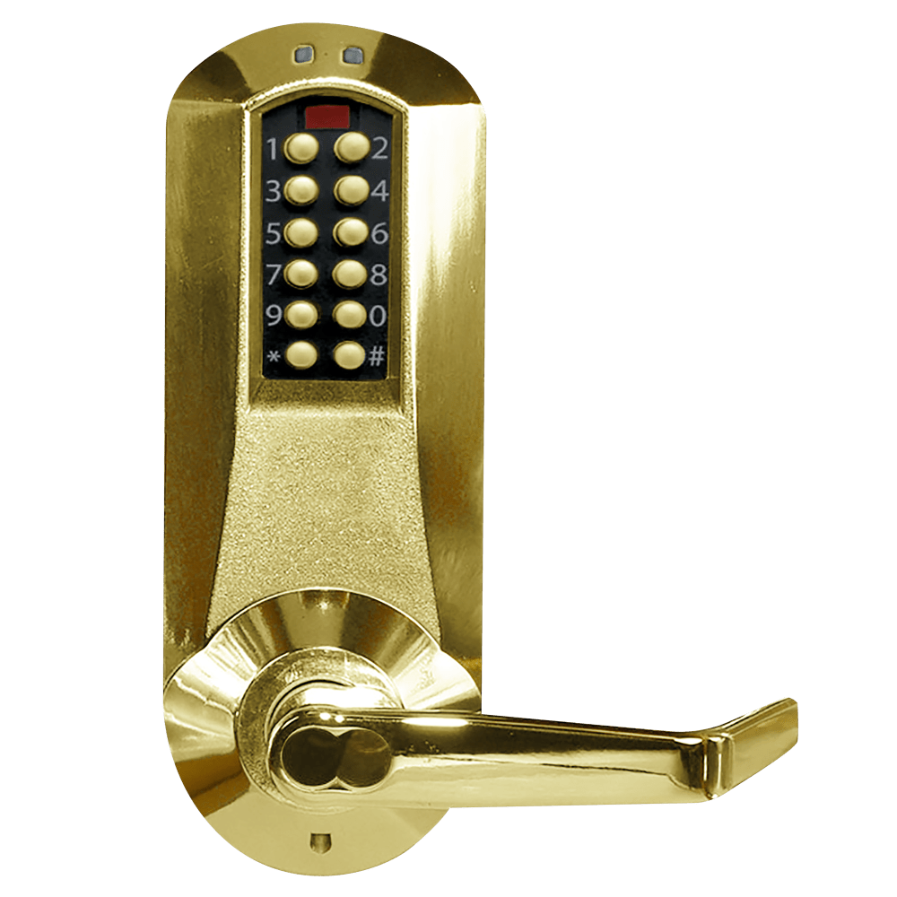 DormaKaba E5067BWL-RU-606-41 E-Plex 5000 Mortise Lock with Deadbolt, Winston Lever, 100 Access Codes, 3,000 Audit Events, 6/7-Pin SFIC Prep, Less Core, Remote Unlock, Satin Brass