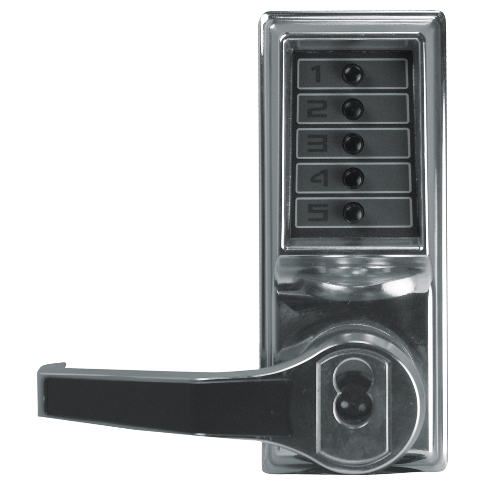 DormaKaba LL1021S-026-41 Pushbutton Cylindrical Lever Lock, Combination Entry Function with Key Override, 2-3/4" Backset, 1/2" Throw Latch, Schlage FSIC Prep, Less Core, Bright Chrome Finish, Left Hand/Left Hand Reverse