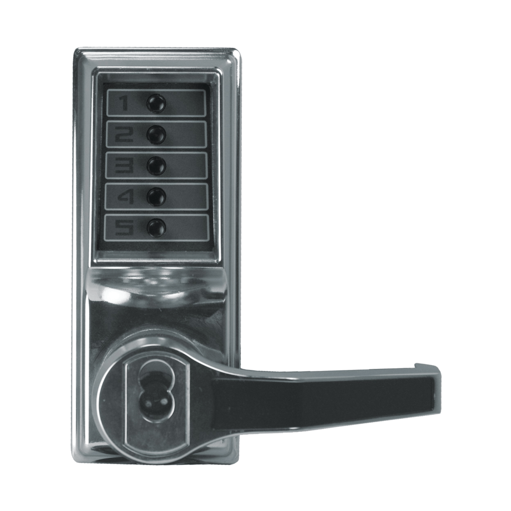 DormaKaba LR1021B-026-41 Pushbutton Cylindrical Lever Lock, Combination Entry Function with Key Override, 2-3/4" Backset, 1/2" Throw Latch, 6/7-Pin SFIC Prep, Less Core, Bright Chrome Finish, Right Hand/Right Hand Reverse