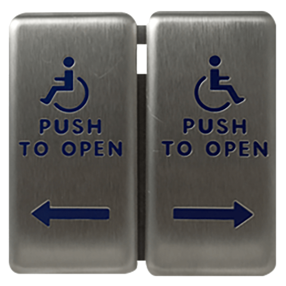 BEA 10PBDGP1 Stainless Steel Push Plate, 4-3/4" x 4-3/4" Dual Plate, Blue Text, Logo And Arrow, for Vestibule, Includes Adapter Ring, Satin Stainless Finish