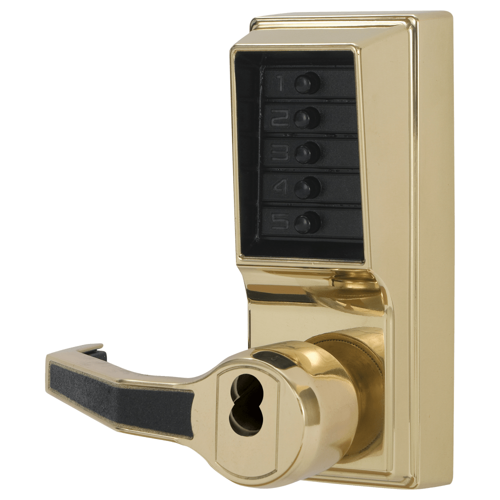 DormaKaba LL1021S-03-41 Pushbutton Cylindrical Lever Lock, Combination Entry Function with Key Override, 2-3/4" Backset, 1/2" Throw Latch, Schlage FSIC Prep, Less Core, Bright Brass Finish, Left Hand/Left Hand Reverse