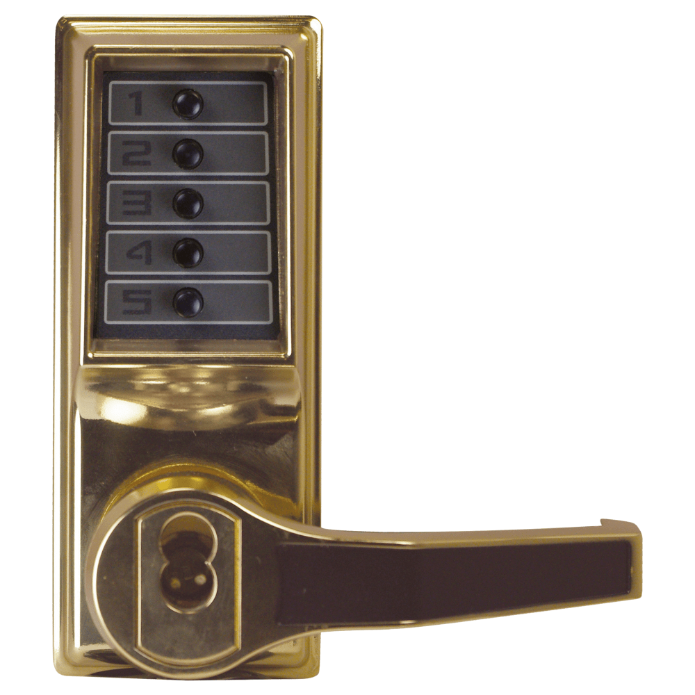 DormaKaba LR1021C-03-41 Pushbutton Cylindrical Lever Lock, Combination Entry Function with Key Override, 2-3/4" Backset, 1/2" Throw Latch, Corbin Russwin 6-Pin LFIC Prep, Less Core, Bright Brass Finish, Right Hand/Right Hand Reverse