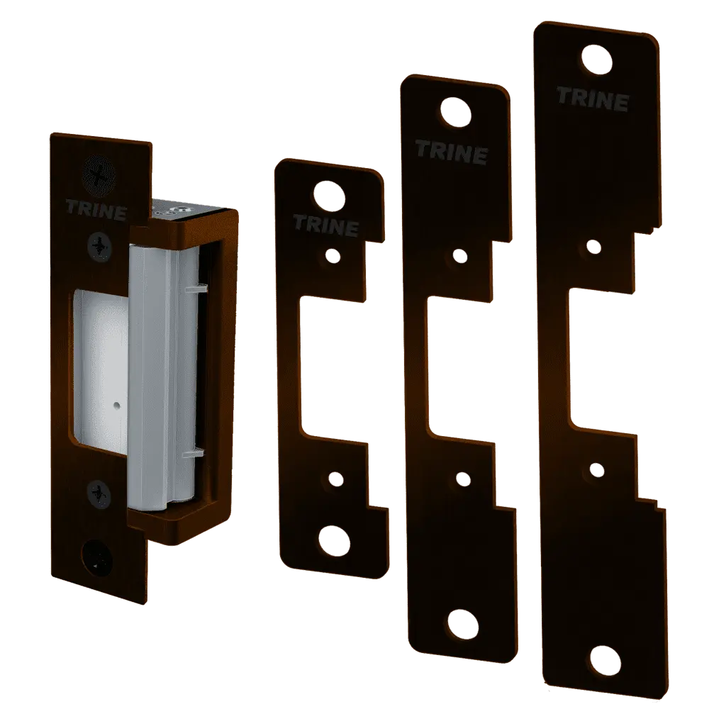 Trine 4300-DKBZ Electric Strike, 12/24 VDC, 12-24 VAC, 4 Faceplates Included, Dark Bronze Powder Coat