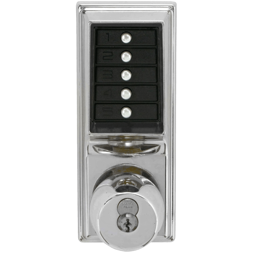 DormaKaba 1041B-026-41 Grade 1 Pushbutton Cylindrical Knob Lock, Combination Entry/Passage Functions with Key Override, 2-3/4" Backset, 1/2" Throw Latch, 6/7-Pin SFIC Prep, Less Core, Bright Chrome Finish, Field Reversible