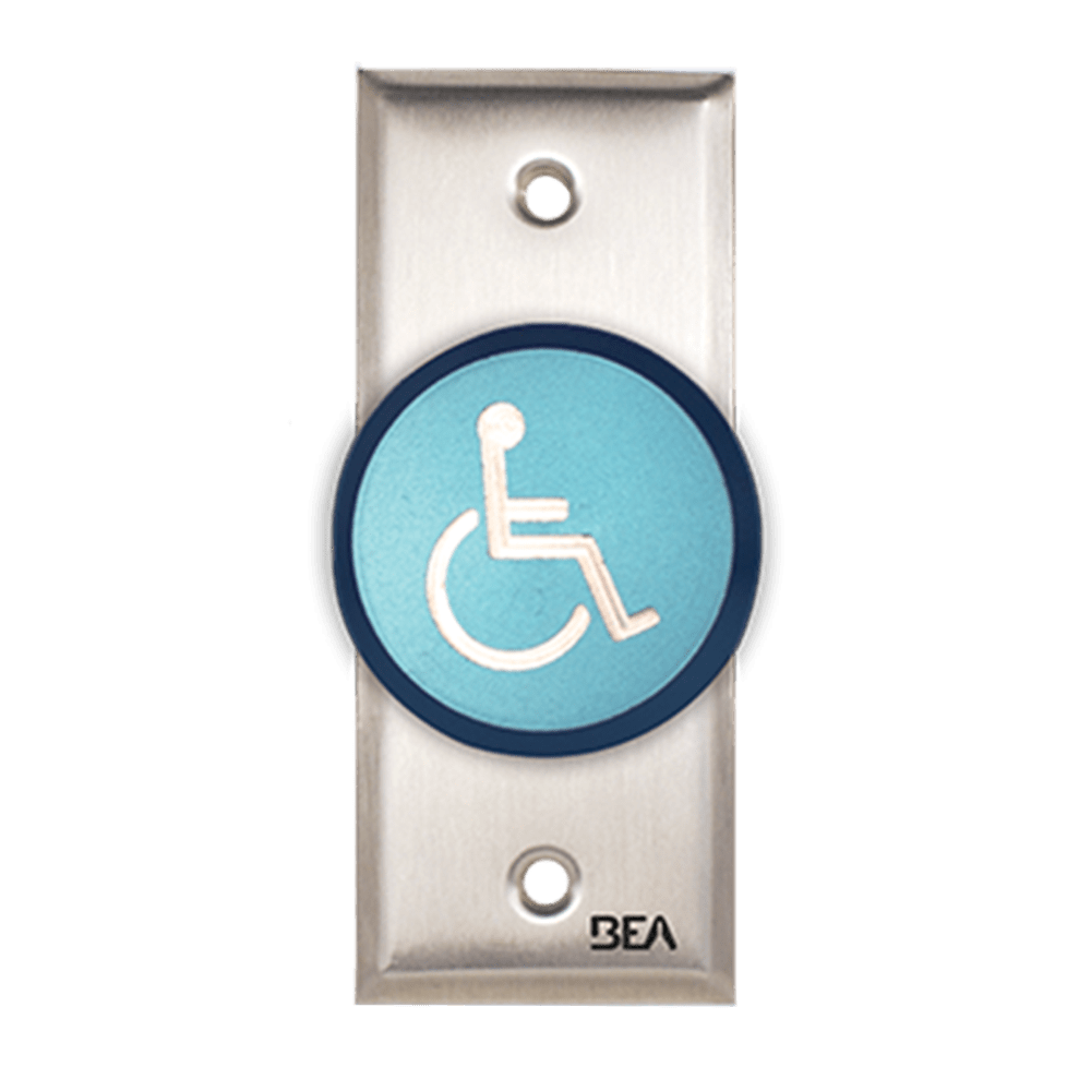 BEA 10ACPBDA5 Pneumatic Push Button, Jamb plate, oversized 2" Blue button, Handicap logo, 2.5 AMP 12 to 24 V AC/DC