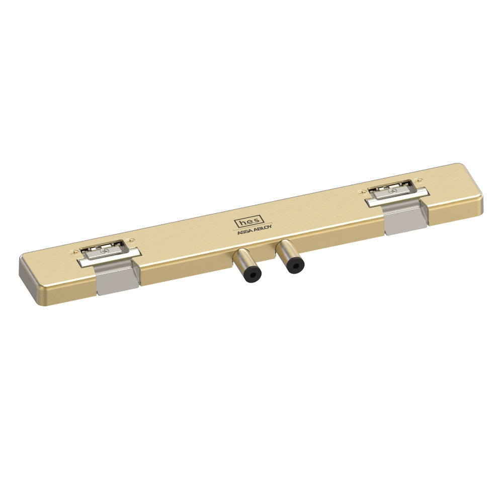 HES 9200W-606 Grade 1 Field Selectable (Safe/Secure) 12/24VDC Electric Strike for Glass Double Doors with Vertical Rods, 8-3/8" Centered Keeper Spacing, Satin Brass Finish