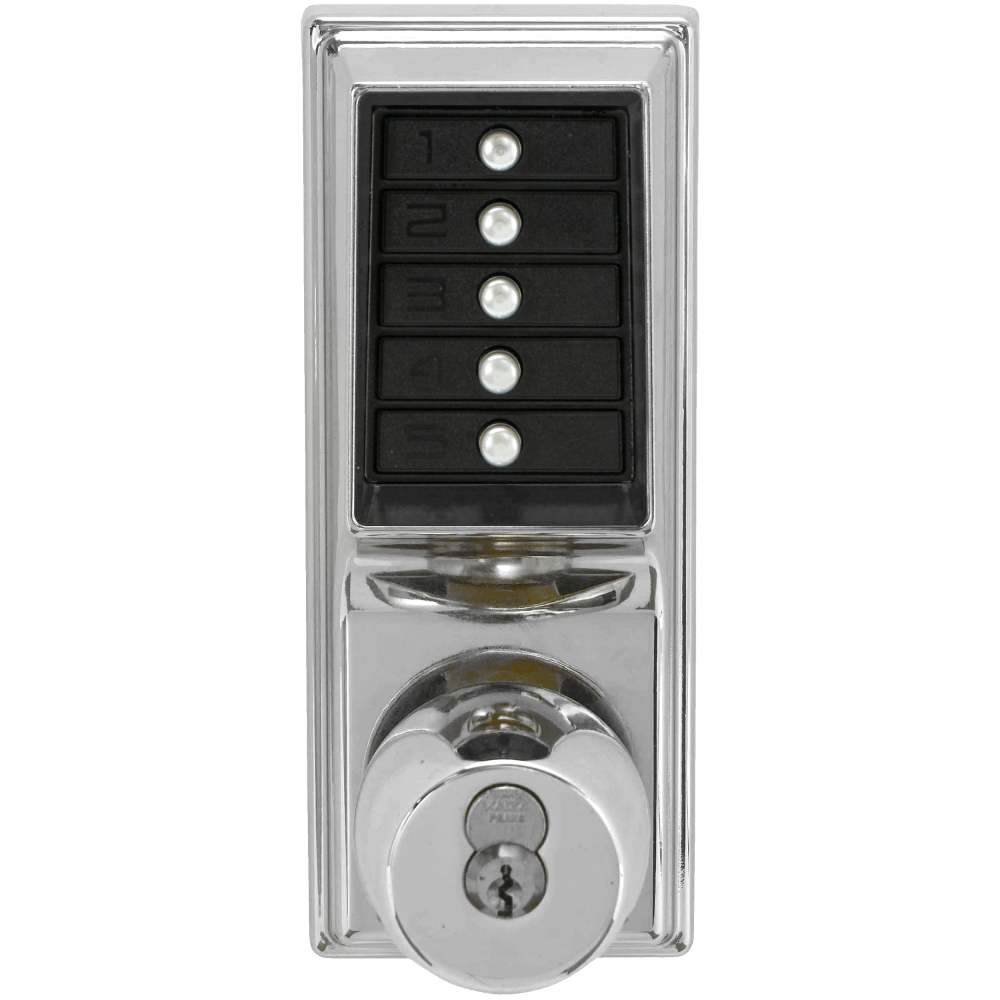 DormaKaba 1021B-026-41 Grade 1 Pushbutton Cylindrical Knob Lock, Combination Entry Function with Key Override, 2-3/4" Backset, 1/2" Throw Latch, 6/7-Pin SFIC Prep, Less Core, Bright Chrome Finish, Field Reversible
