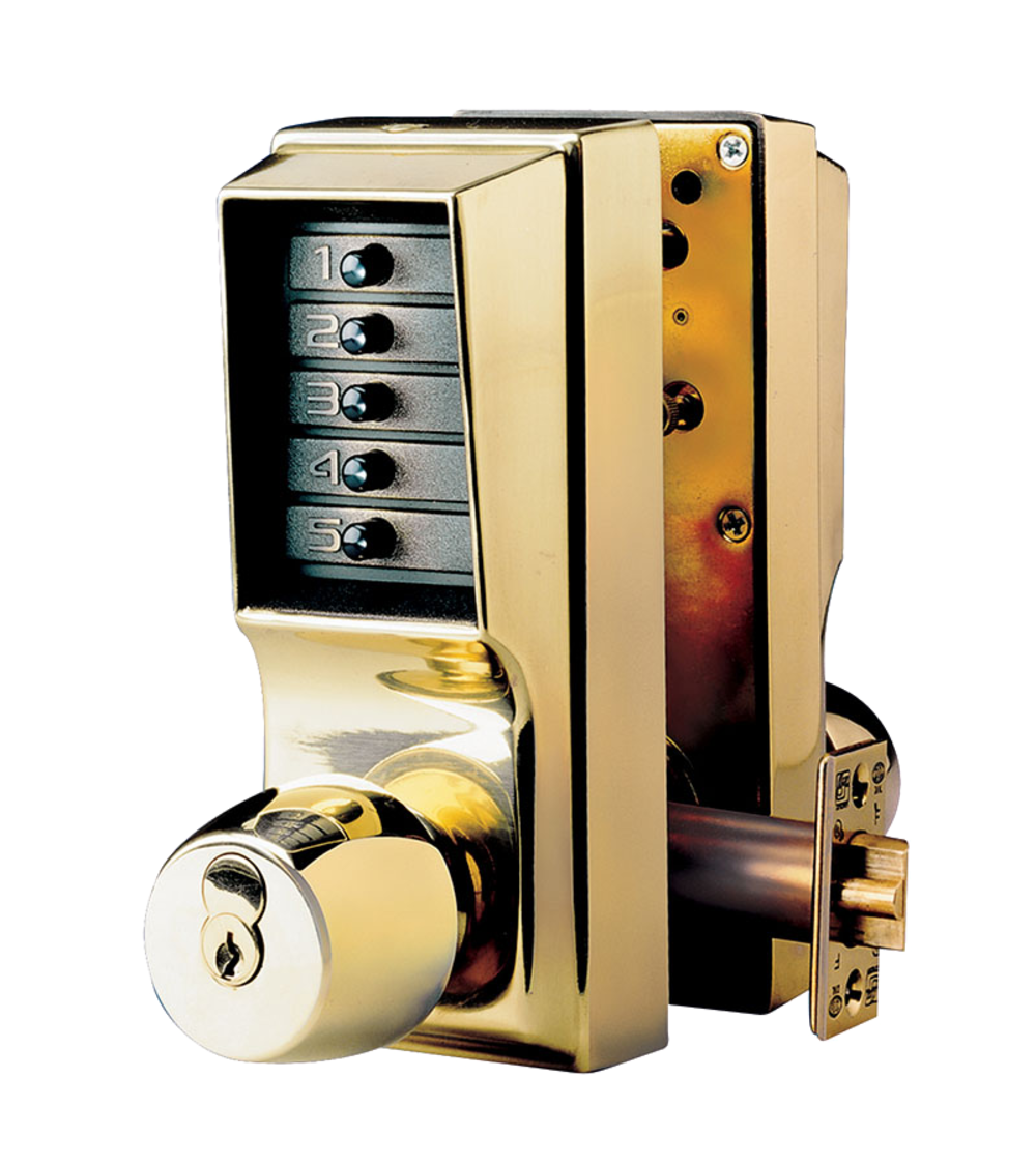 DormaKaba EE1021B/EE1021B-03-41 Cylindrical Knob Lock, Combination or Key Override Entry, Combination or Key Override Exit, 2-3/4" Backset, 1/2" Throw Latch, Bright Brass
