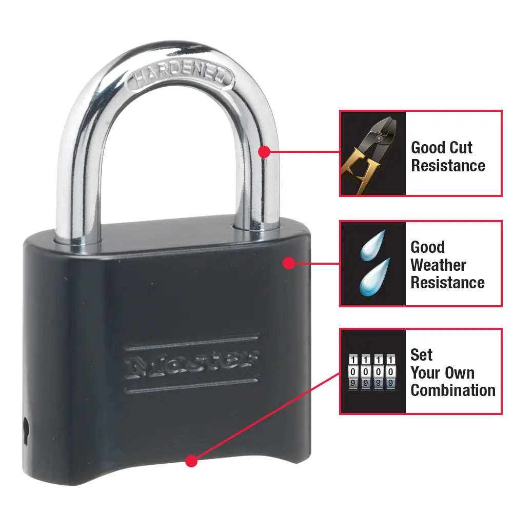 Master Lock 178D Black Combination Padlock 2" Solid Body, 1" Tall 5/16" Diameter Shackle, Carded