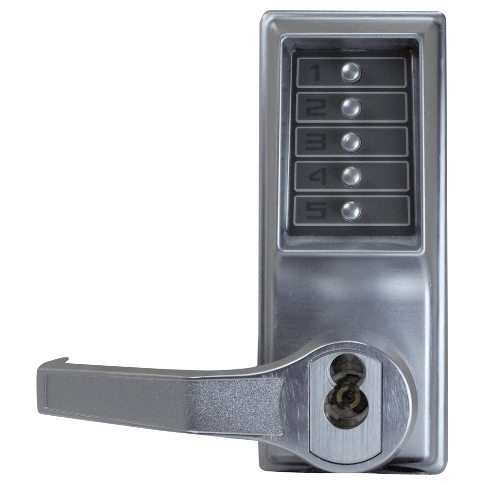 DormaKaba LL1022S-26D-41 Pushbutton Cylindrical Lever Lock, Combination Entry Function with Key Override, 2-3/8" Backset, 1/2" Throw Latch, Schlage FSIC Prep, Less Core, Satin Chrome Finish, Left Hand/Left Hand Reverse